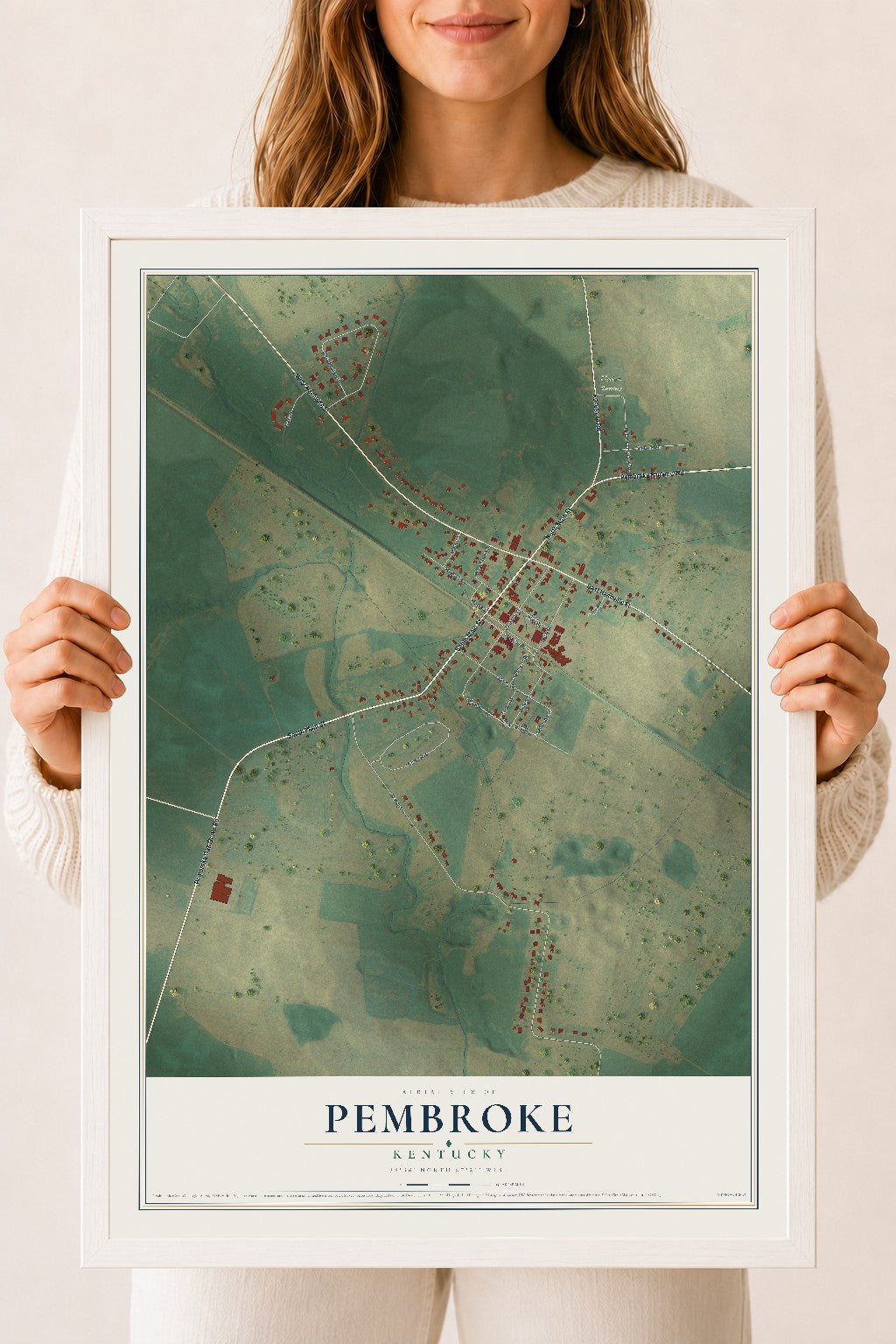 Map of Pembroke, Kentucky, 18 x 24 inch print in a white wood frame
