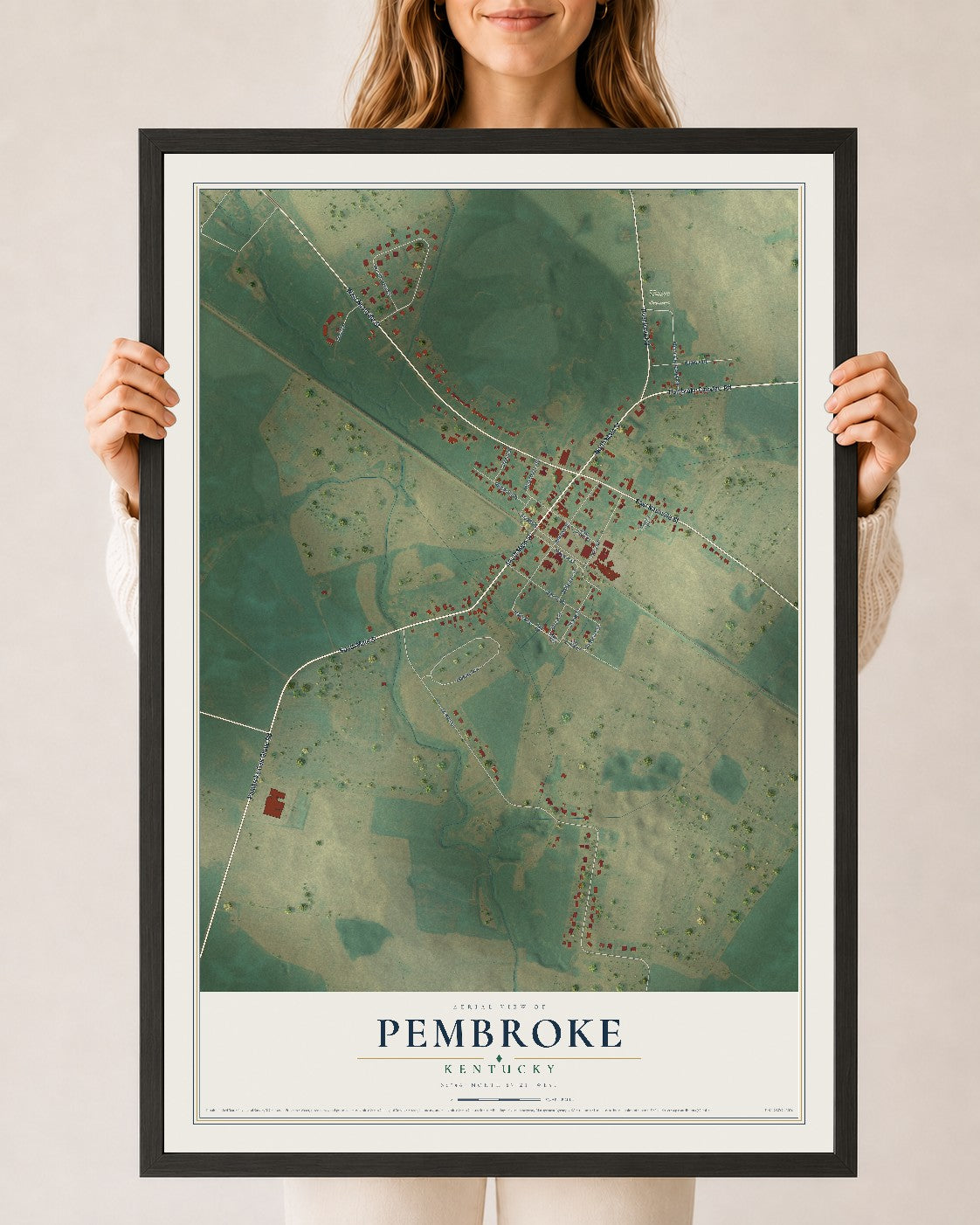 Map of Pembroke, Kentucky, 24 x 36 inch print in a black wood frame
