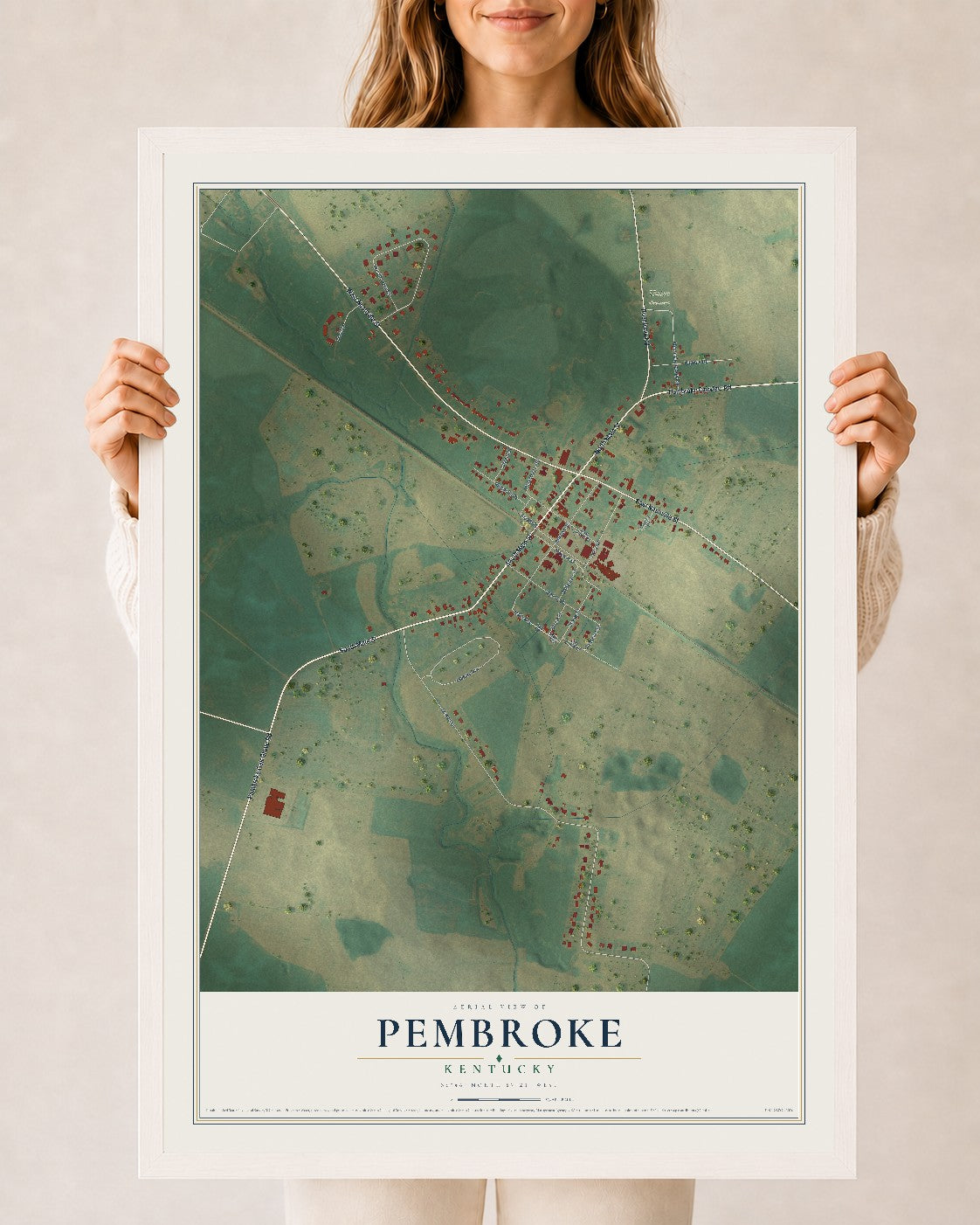 Map of Pembroke, Kentucky, 24 x 36 inch print in a white wood frame