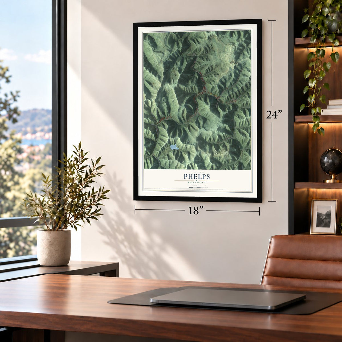 Phelps, Kentucky map, 18 x 24 inch print in a black frame in a home office
