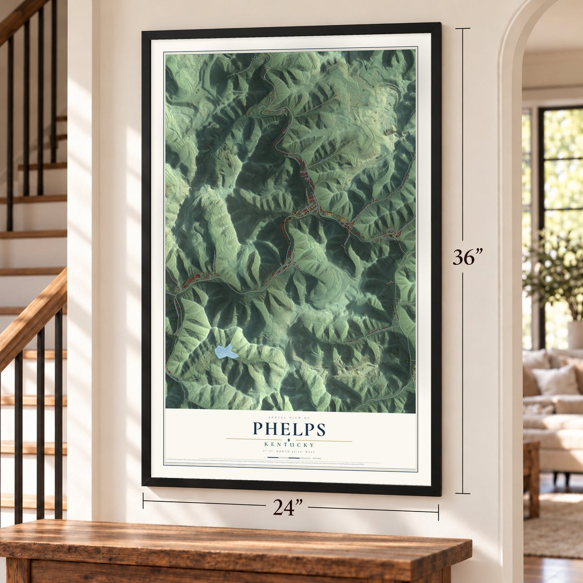 Phelps, Kentucky map, 24 x 36 inch print in a black frame by a staircase