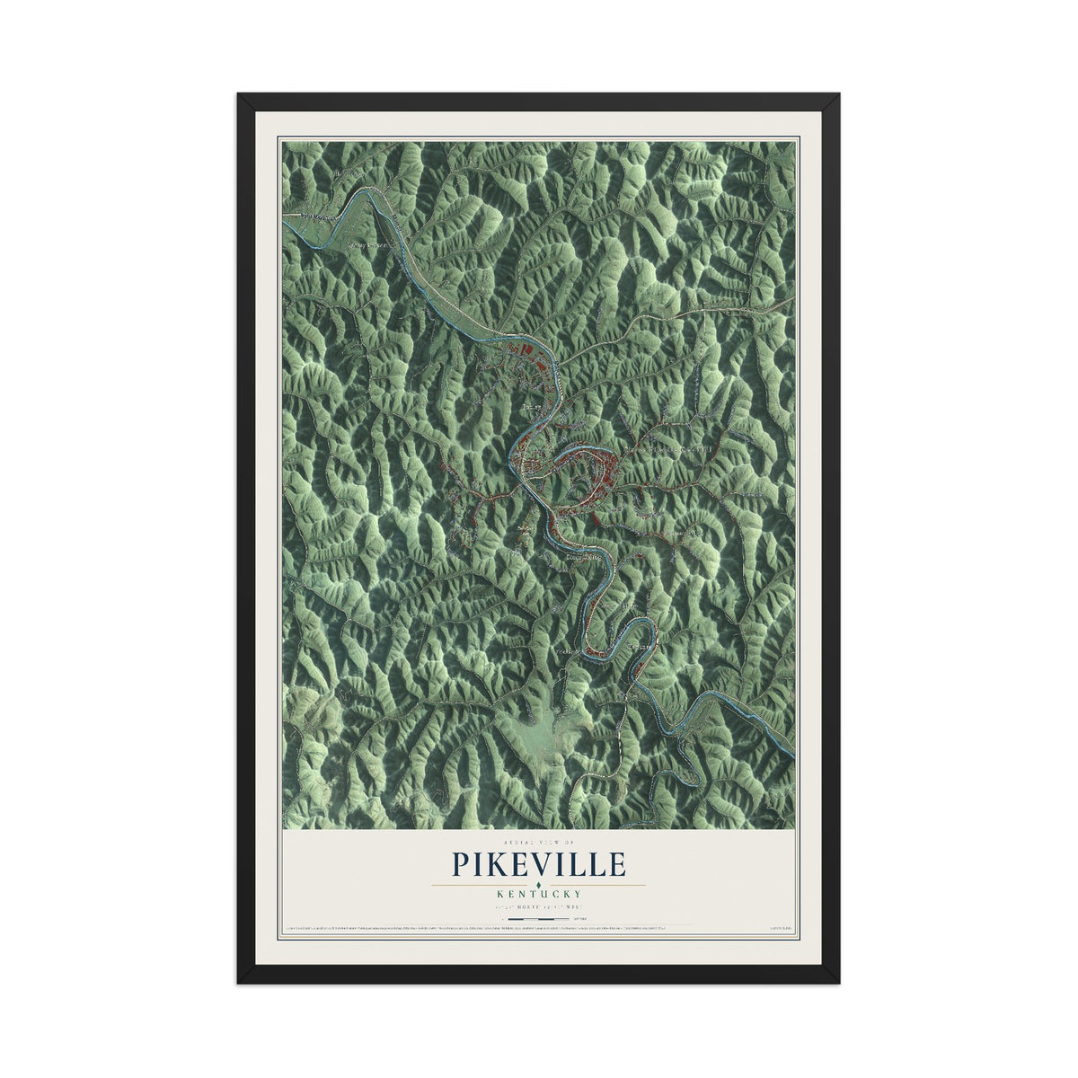 Map of Pikeville, Kentucky, 12 x 18 inch print in a black wood frame