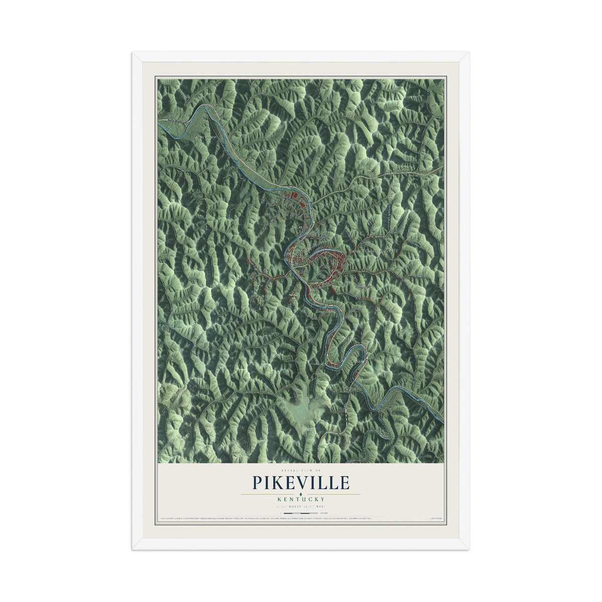 Map of Pikeville, Kentucky, 12 x 18 inch print in a white wood frame
