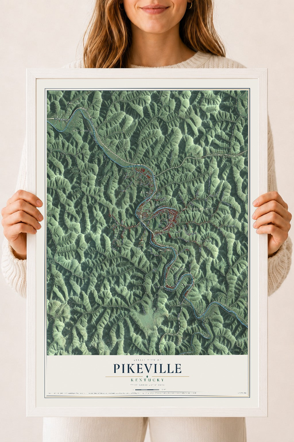 Map of Pikeville, Kentucky, 18 x 24 inch print in a white wood frame