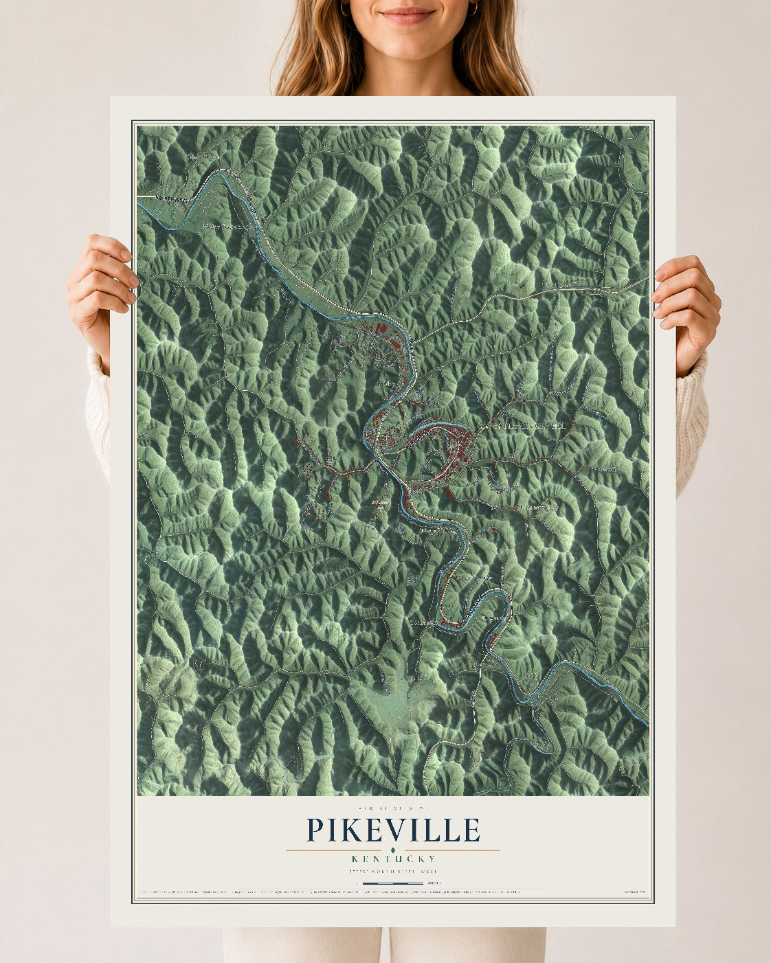 Map of Pikeville, Kentucky, 24 x 36 inch unframed archival matte print