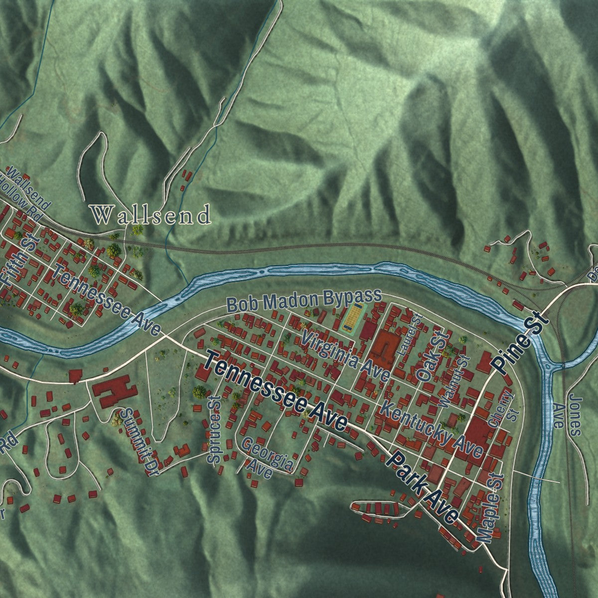 Close-up of the map of Pineville, Kentucky print showing street and building detail
