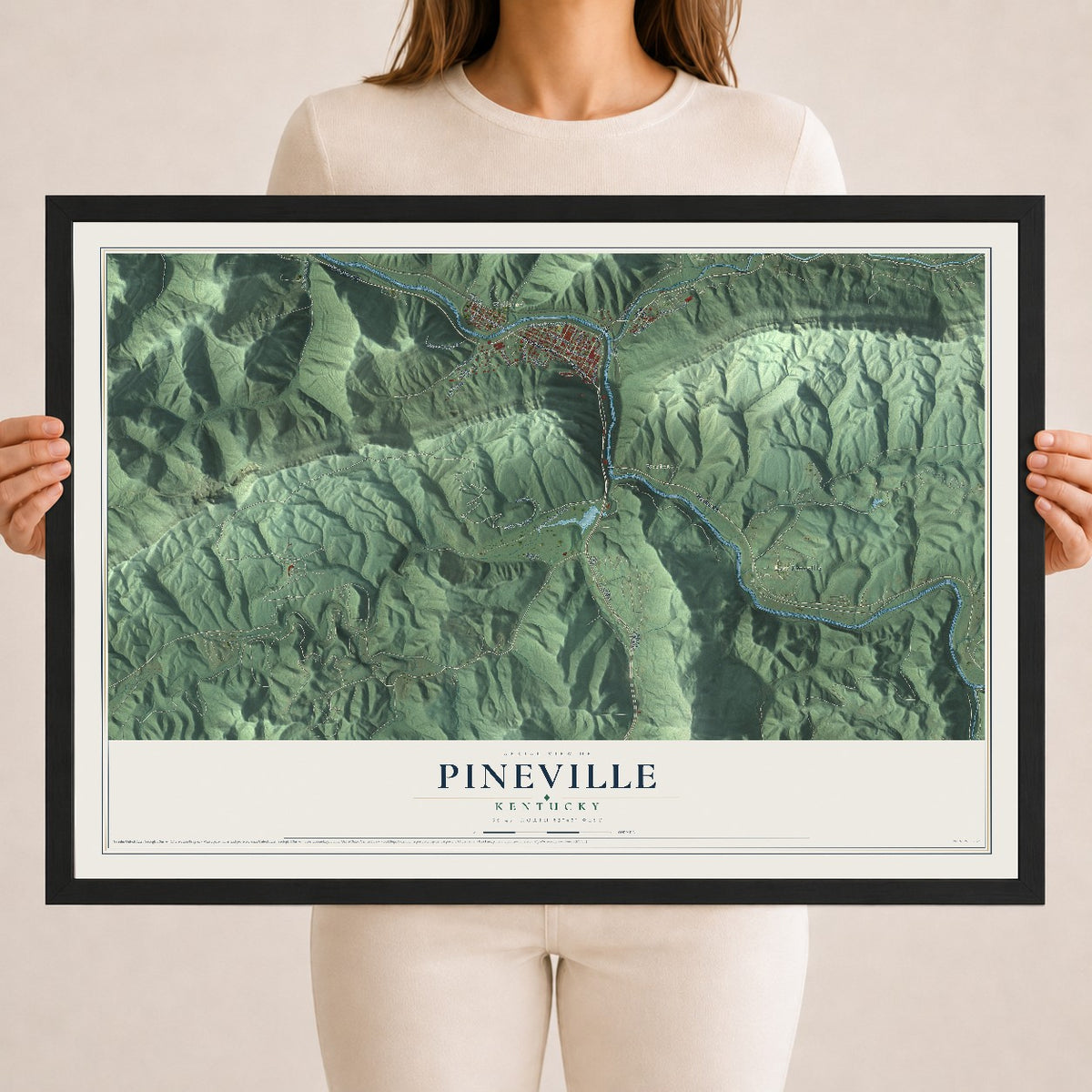 Map of Pineville, Kentucky, 18 x 24 inch print in a black wood frame