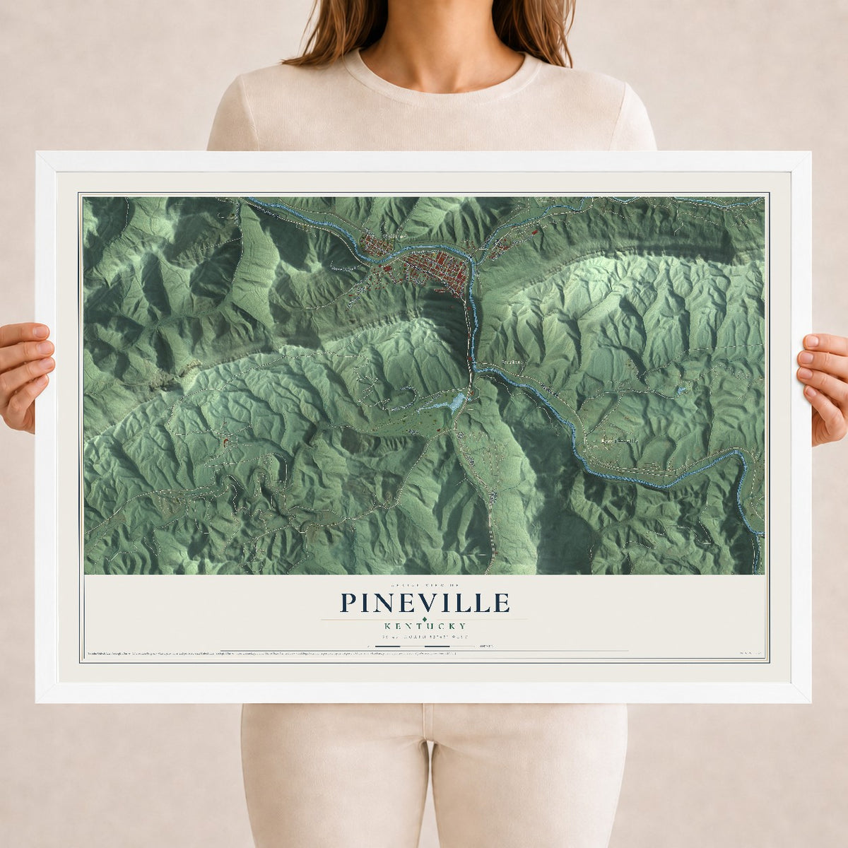 Map of Pineville, Kentucky, 18 x 24 inch print in a white wood frame