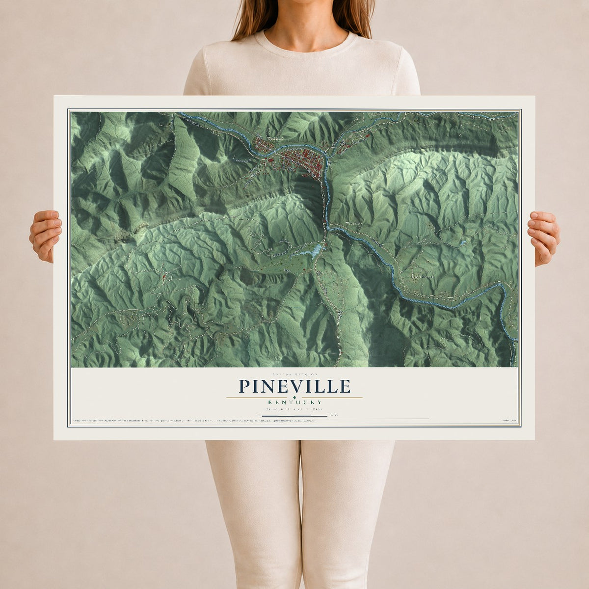 Map of Pineville, Kentucky, 24 x 36 inch unframed archival matte print