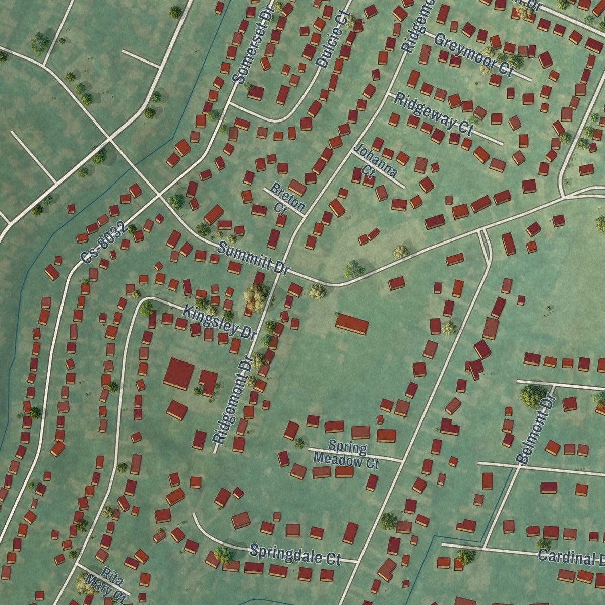 Close-up of the map of Pioneer Village, Kentucky print showing street and building detail