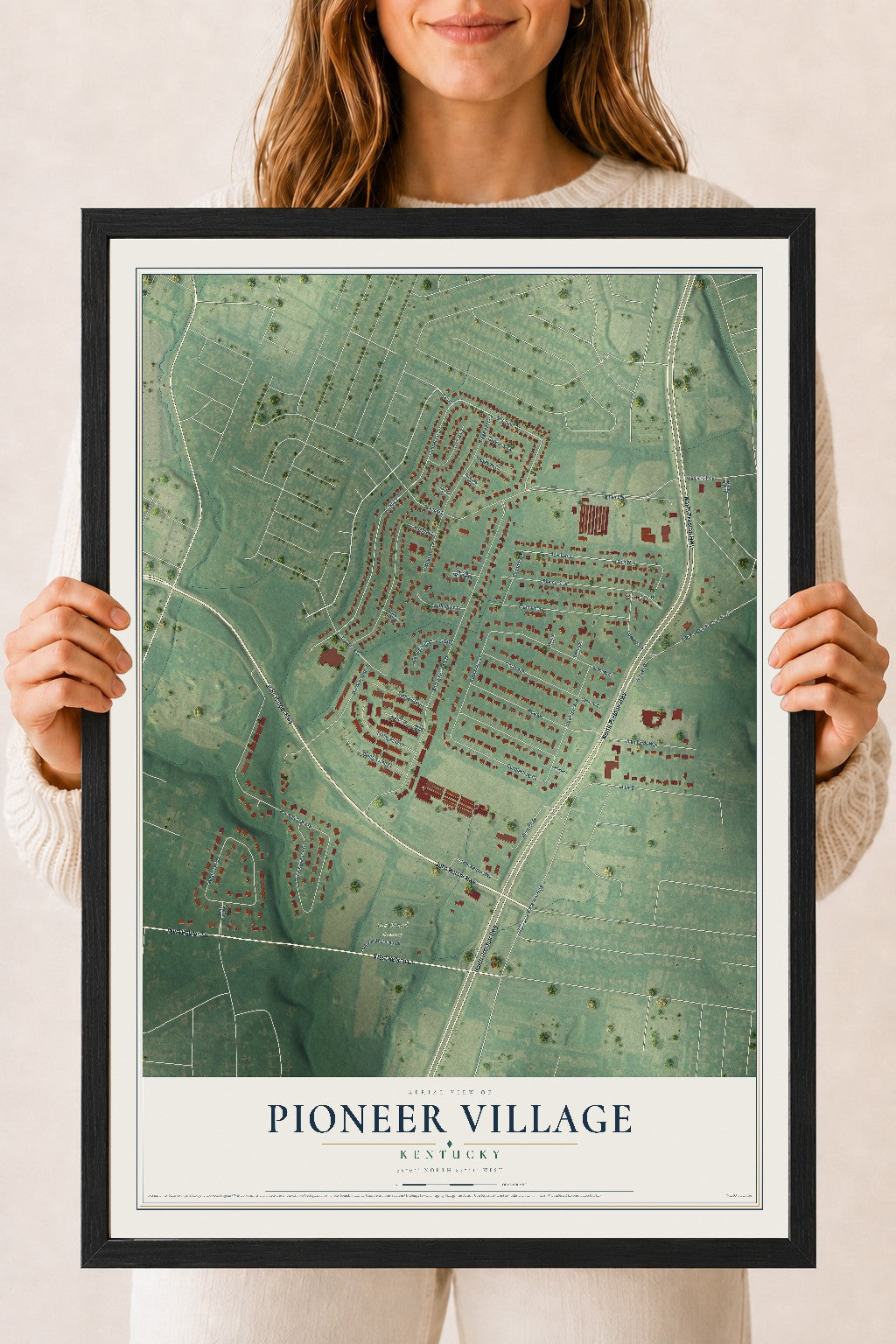 Map of Pioneer Village, Kentucky, 18 x 24 inch print in a black wood frame
