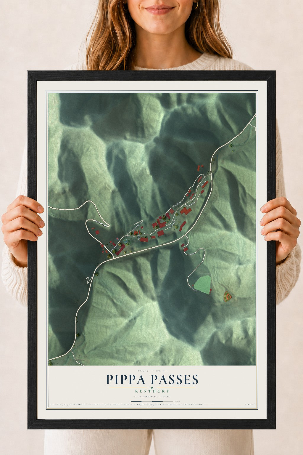 Map of Pippa Passes, Kentucky, 18 x 24 inch print in a black wood frame