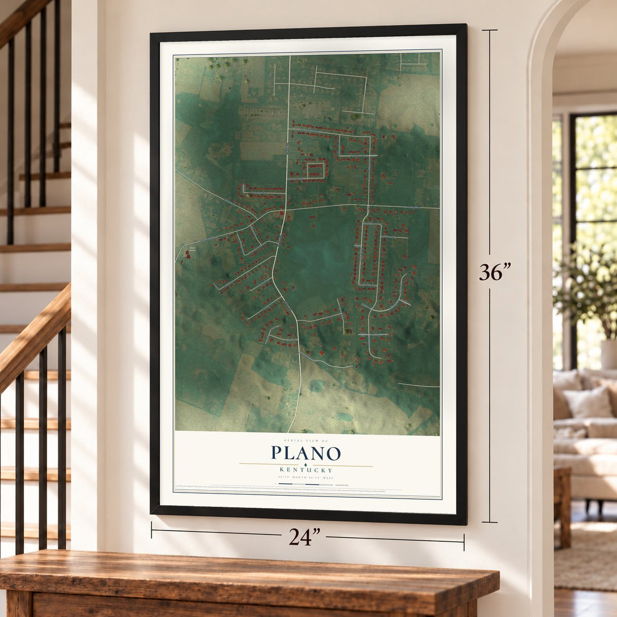 Plano, Kentucky map, 24 x 36 inch print in a black frame by a staircase