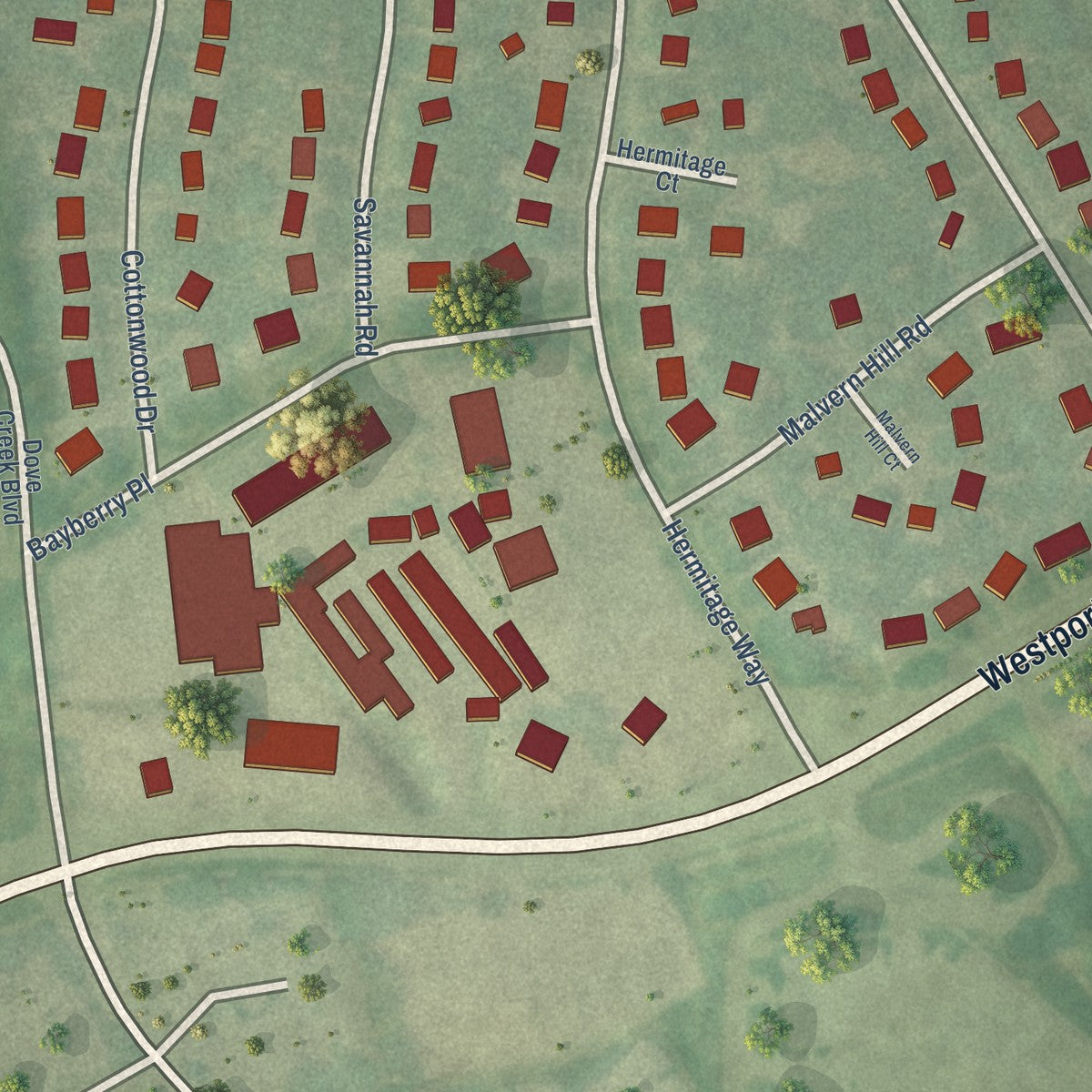 Close-up of the map of Plantation, Kentucky print showing street and building detail