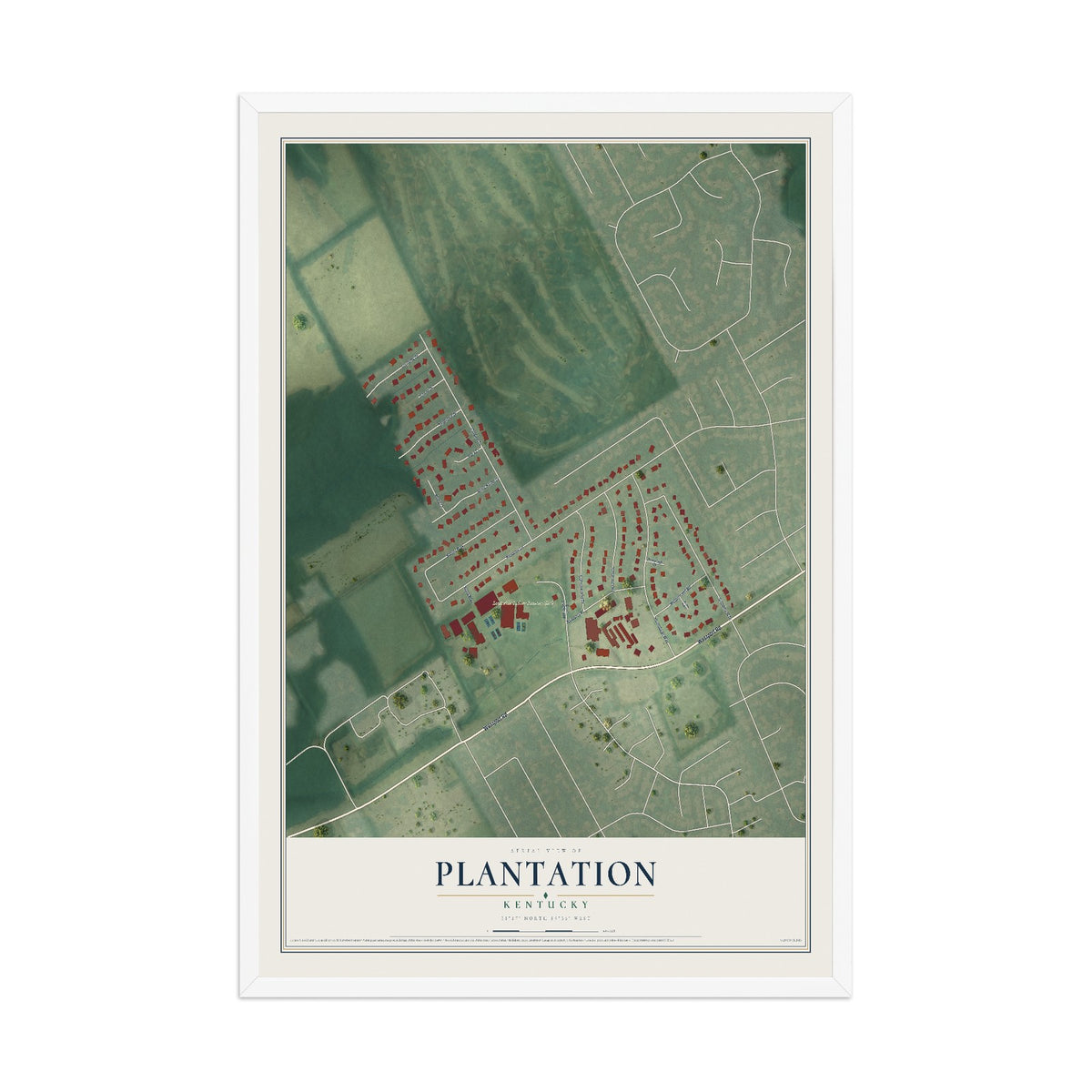 Map of Plantation, Kentucky, 12 x 18 inch print in a white wood frame