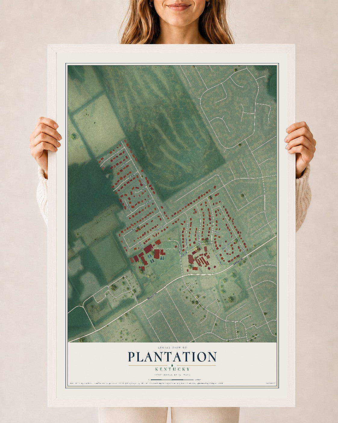 Map of Plantation, Kentucky, 24 x 36 inch print in a white wood frame