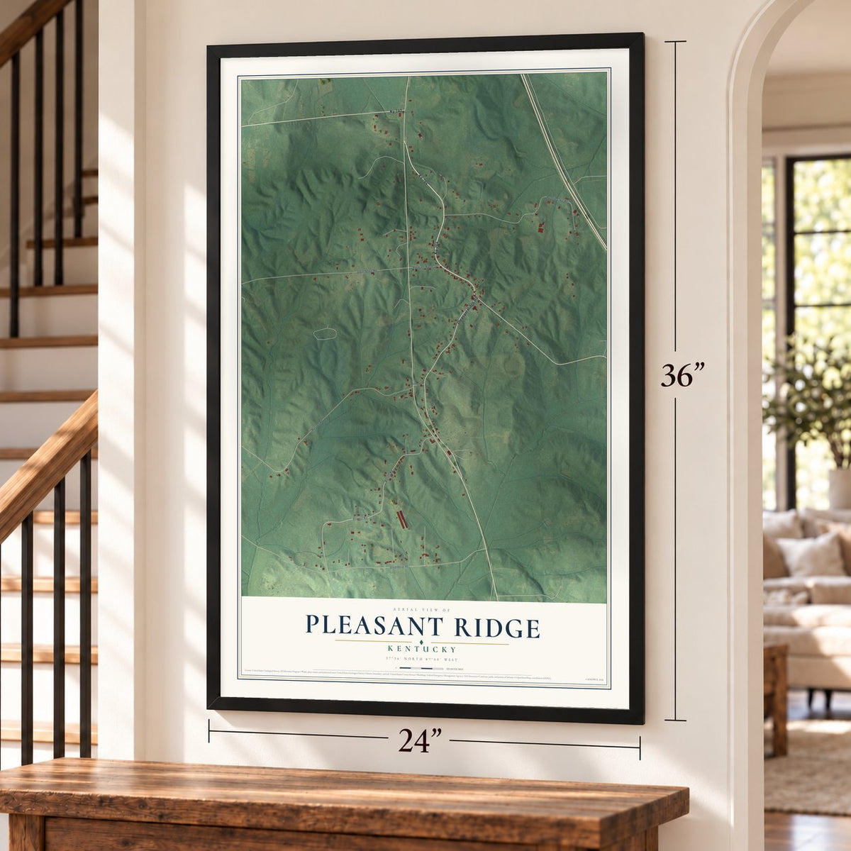 Pleasant Ridge, Kentucky map, 24 x 36 inch print in a black frame by a staircase