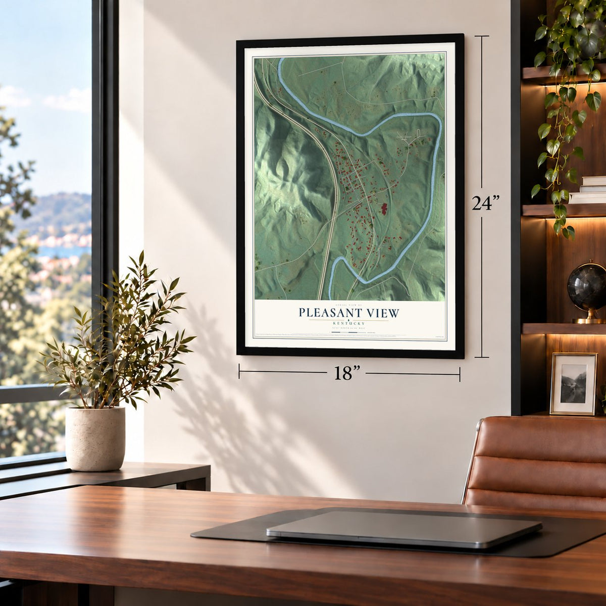 Pleasant View, Kentucky map, 18 x 24 inch print in a black frame in a home office