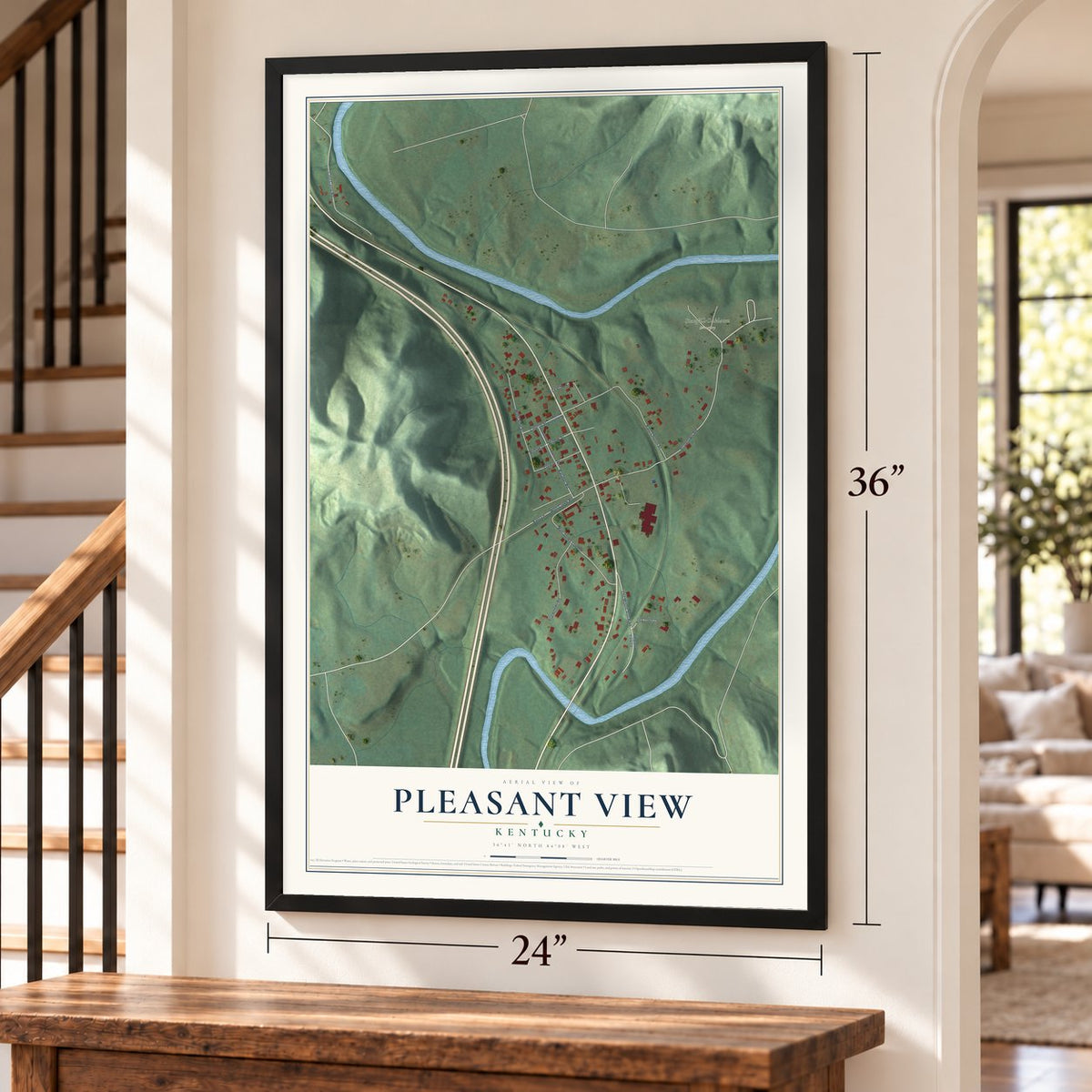 Pleasant View, Kentucky map, 24 x 36 inch print in a black frame by a staircase