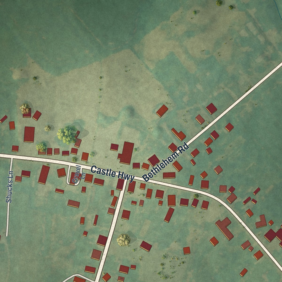 Second close-up of the map of Pleasureville, Kentucky print showing more streets and buildings