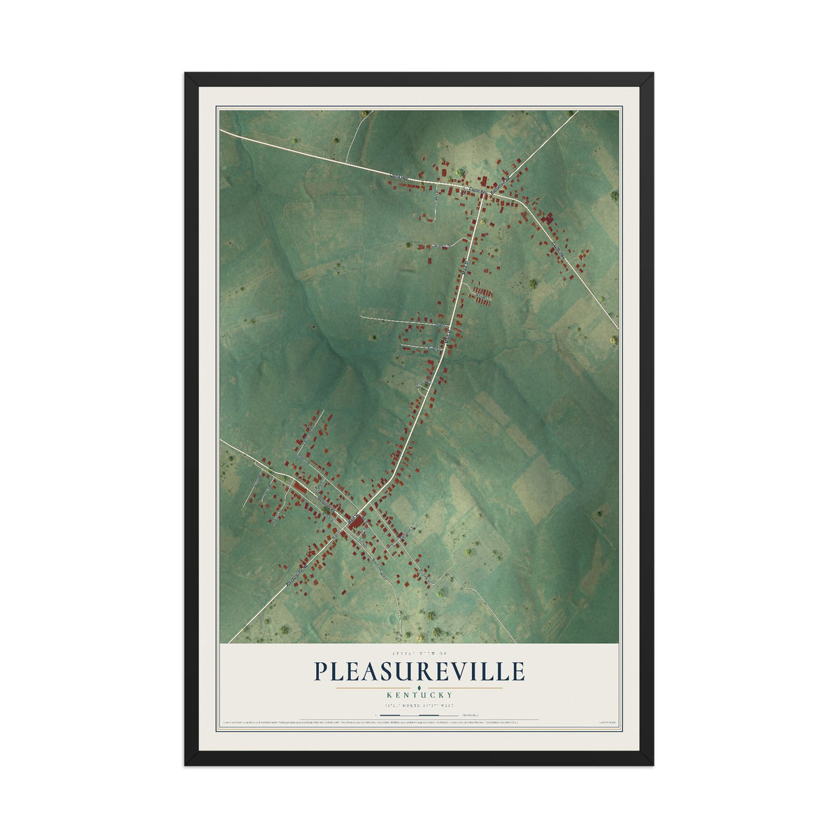 Map of Pleasureville, Kentucky, 12 x 18 inch print in a black wood frame