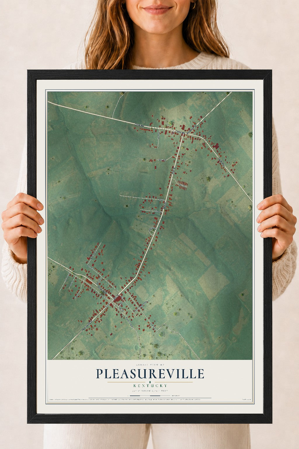 Map of Pleasureville, Kentucky, 18 x 24 inch print in a black wood frame