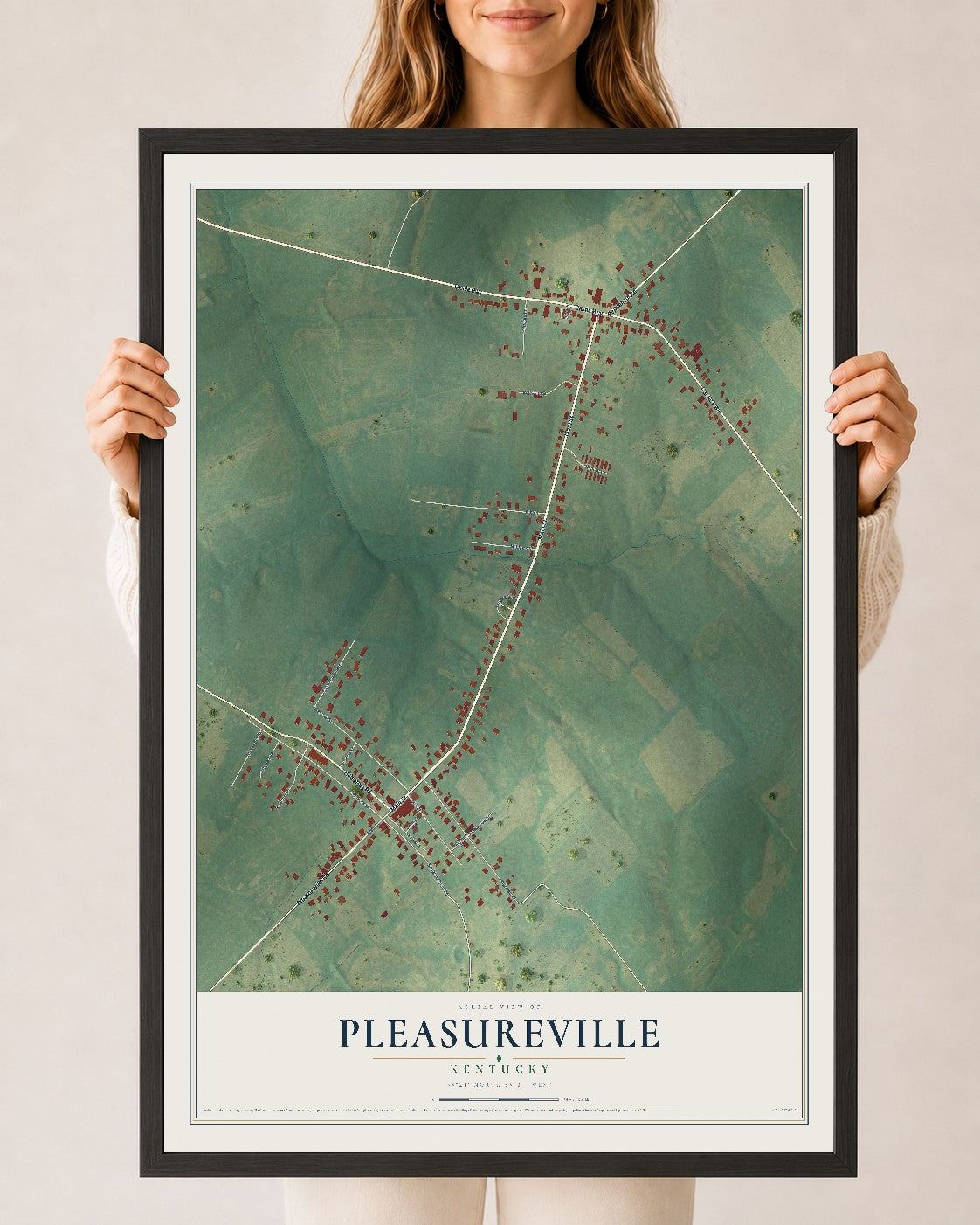 Map of Pleasureville, Kentucky, 24 x 36 inch print in a black wood frame