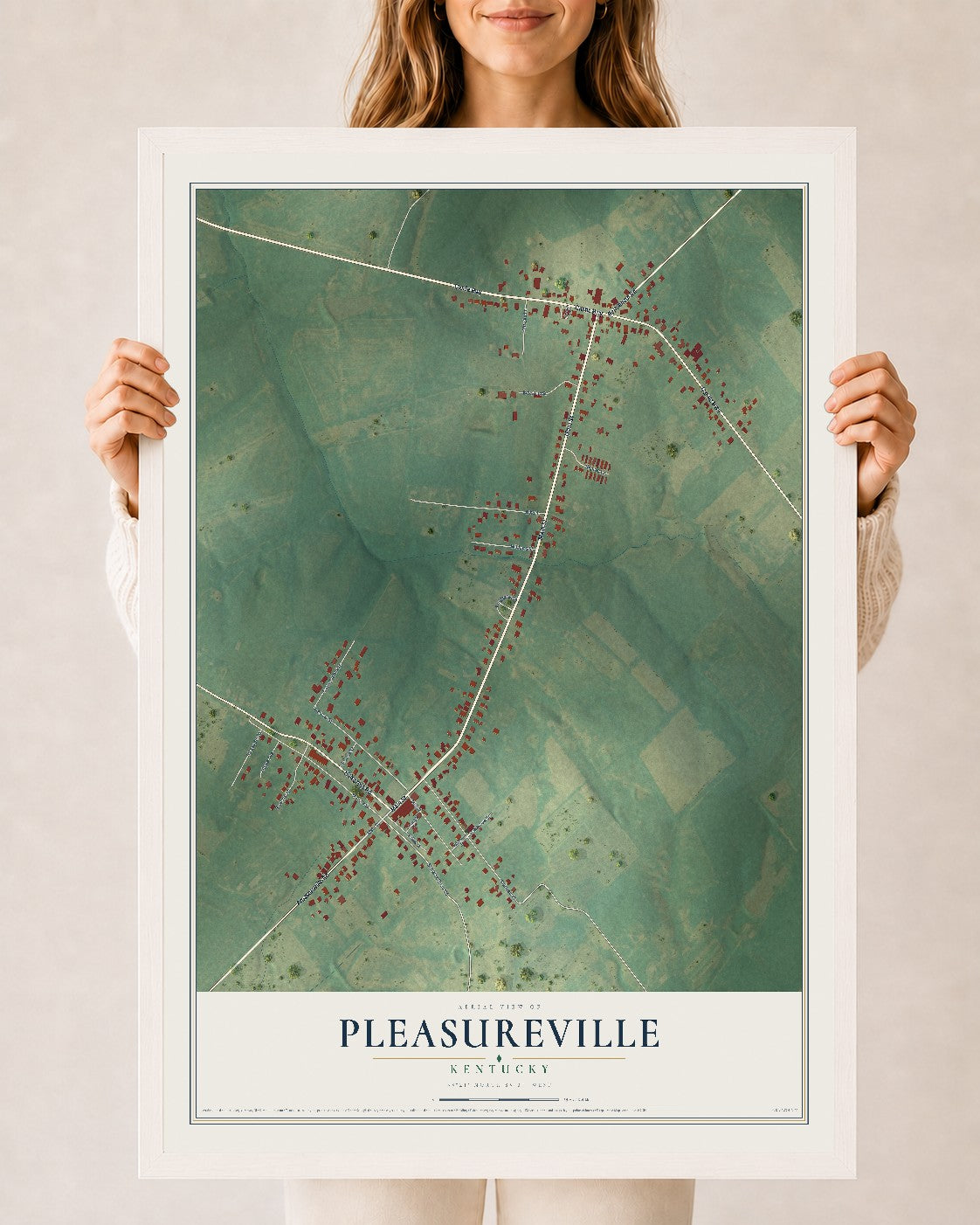 Map of Pleasureville, Kentucky, 24 x 36 inch print in a white wood frame