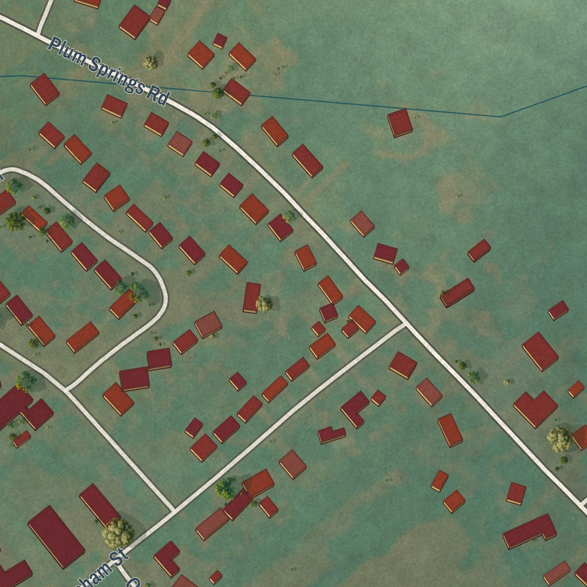 Second close-up of the map of Plum Springs, Kentucky print showing more streets and buildings