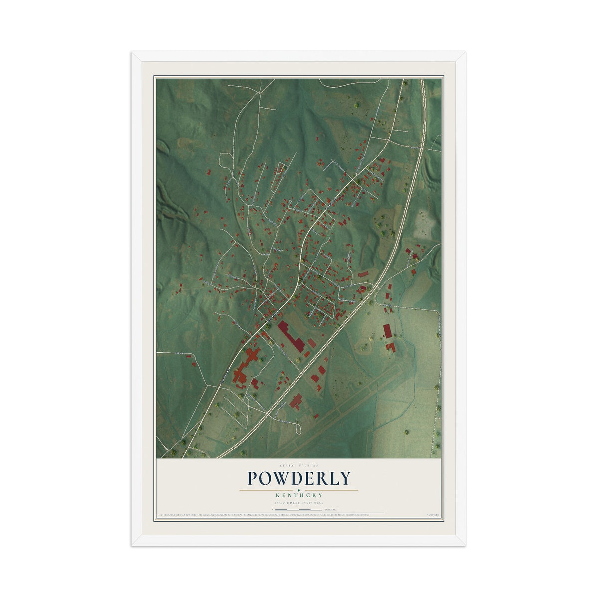 Map of Powderly, Kentucky, 12 x 18 inch print in a white wood frame