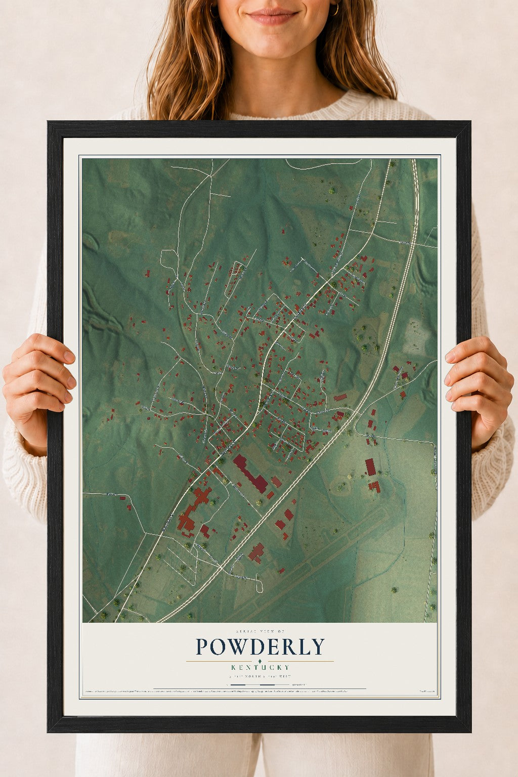 Map of Powderly, Kentucky, 18 x 24 inch print in a black wood frame