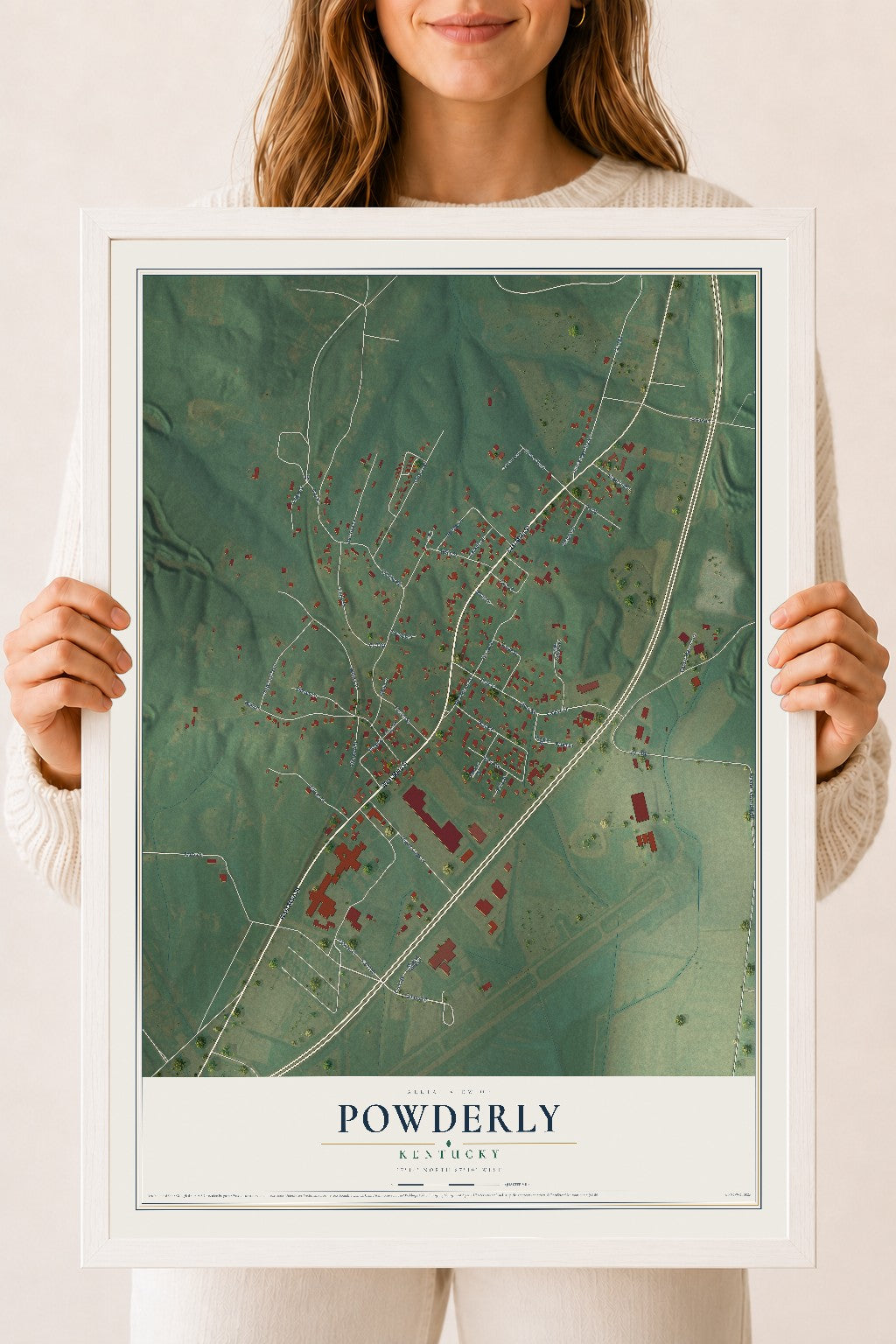 Map of Powderly, Kentucky, 18 x 24 inch print in a white wood frame