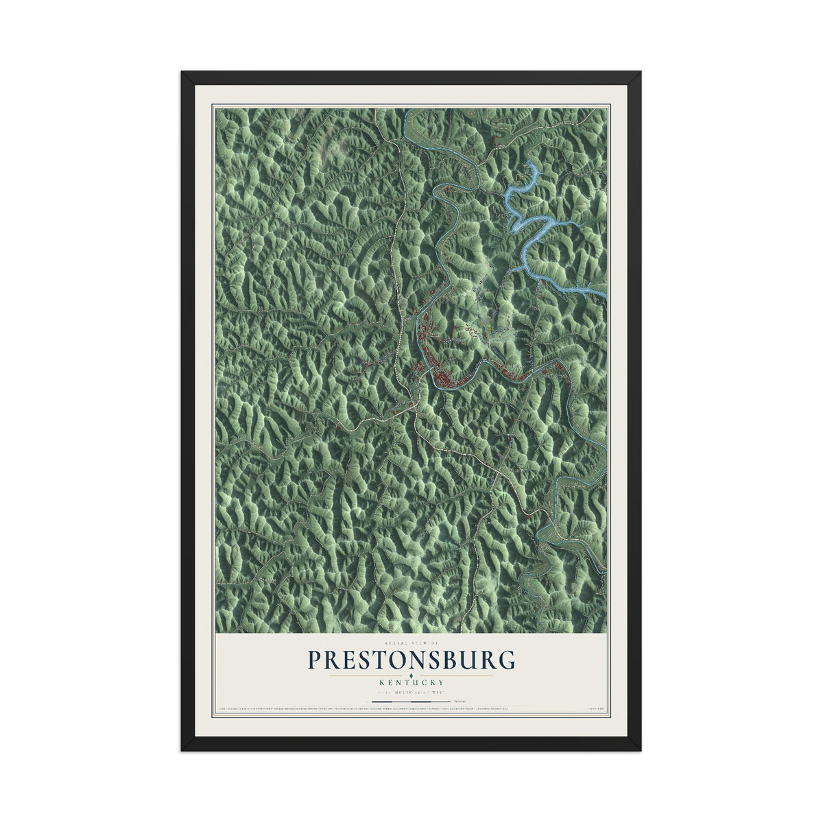 Map of Prestonsburg, Kentucky, 12 x 18 inch print in a black wood frame