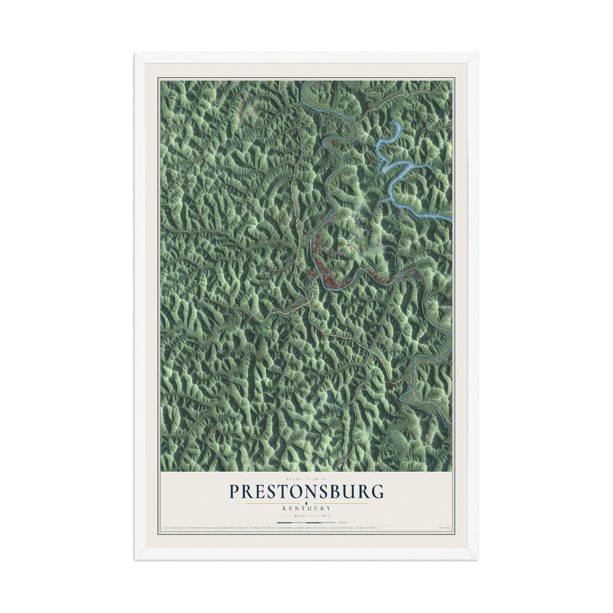 Map of Prestonsburg, Kentucky, 12 x 18 inch print in a white wood frame