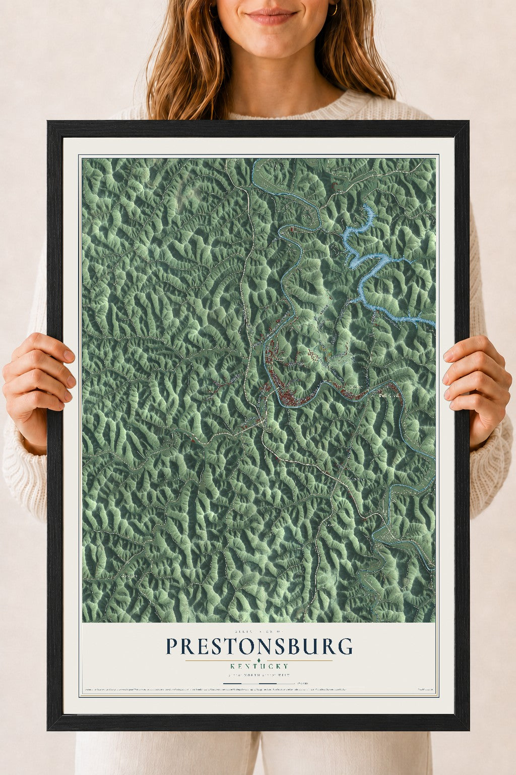Map of Prestonsburg, Kentucky, 18 x 24 inch print in a black wood frame