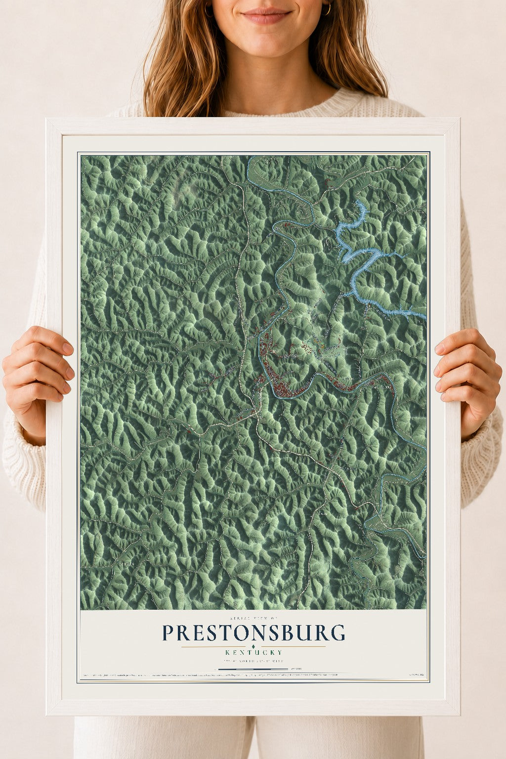 Map of Prestonsburg, Kentucky, 18 x 24 inch print in a white wood frame