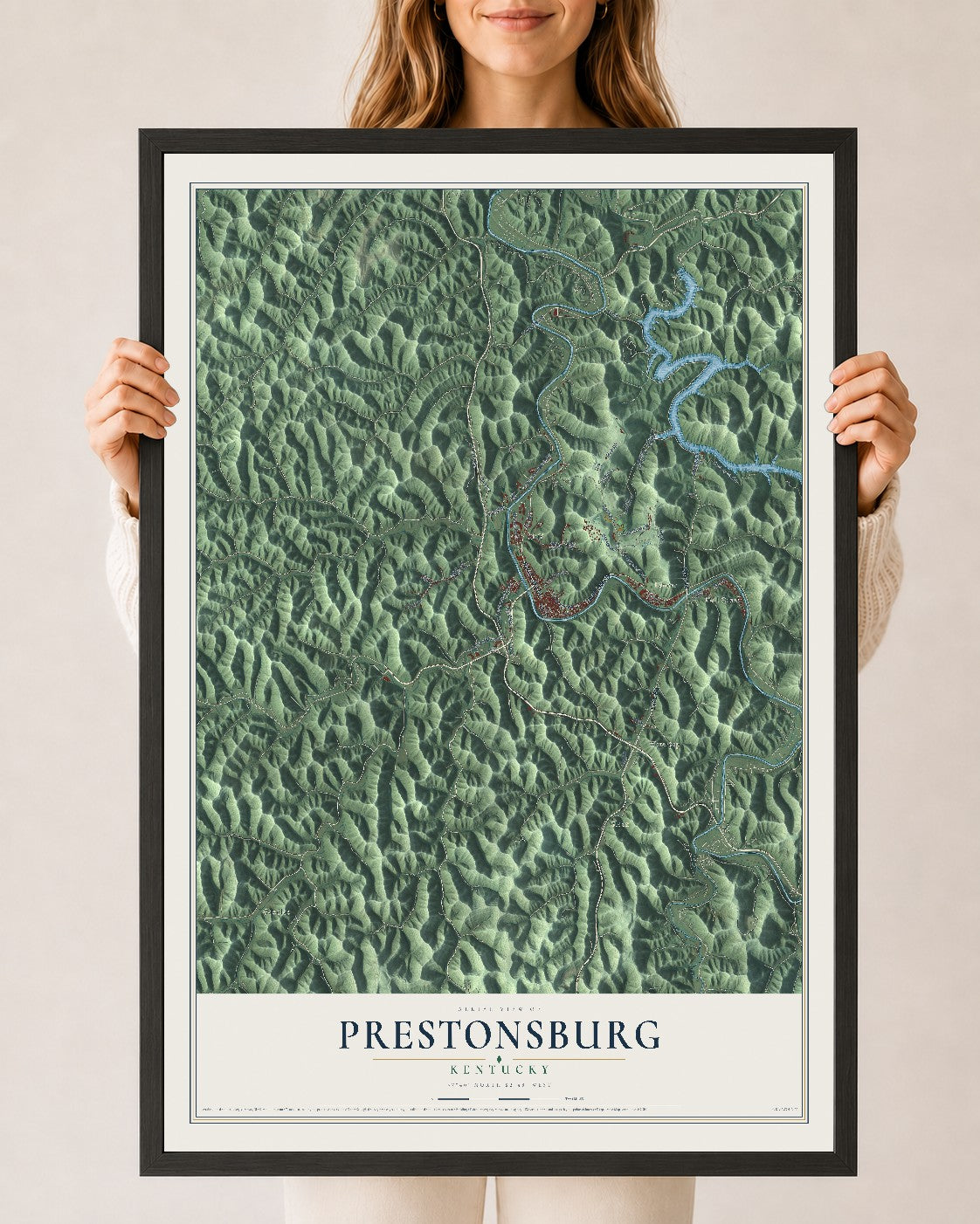 Map of Prestonsburg, Kentucky, 24 x 36 inch print in a black wood frame