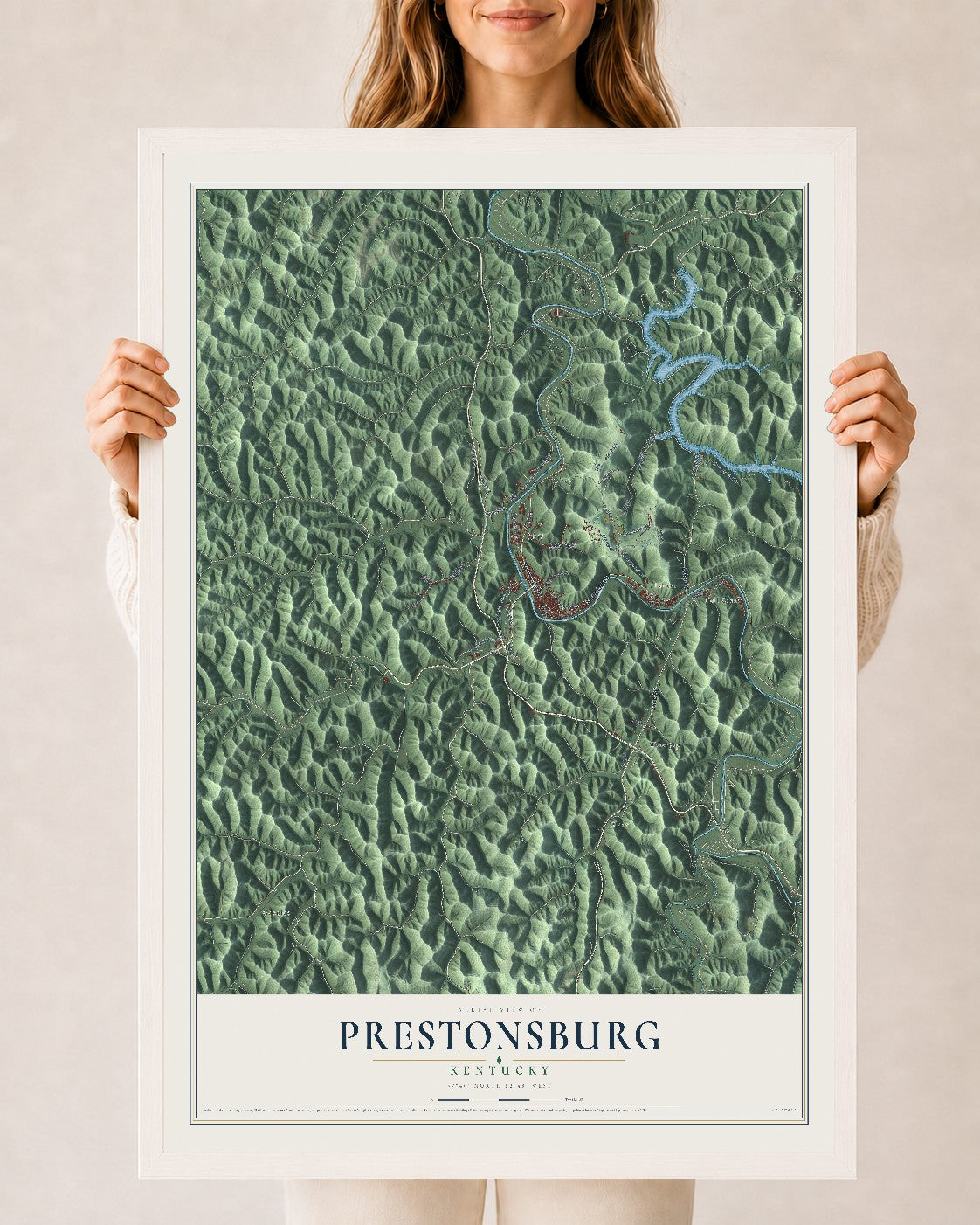 Map of Prestonsburg, Kentucky, 24 x 36 inch print in a white wood frame