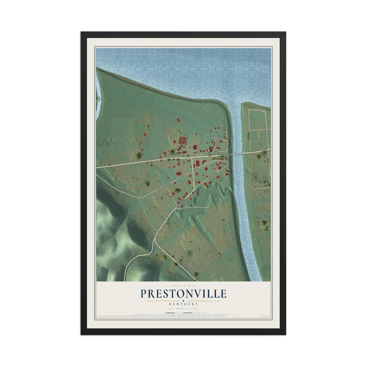 Map of Prestonville, Kentucky, 12 x 18 inch print in a black wood frame