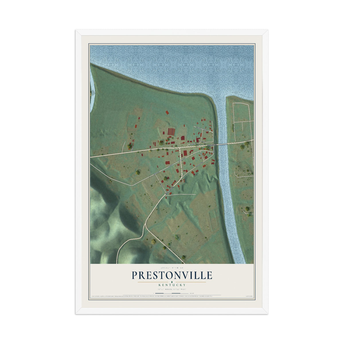 Map of Prestonville, Kentucky, 12 x 18 inch print in a white wood frame