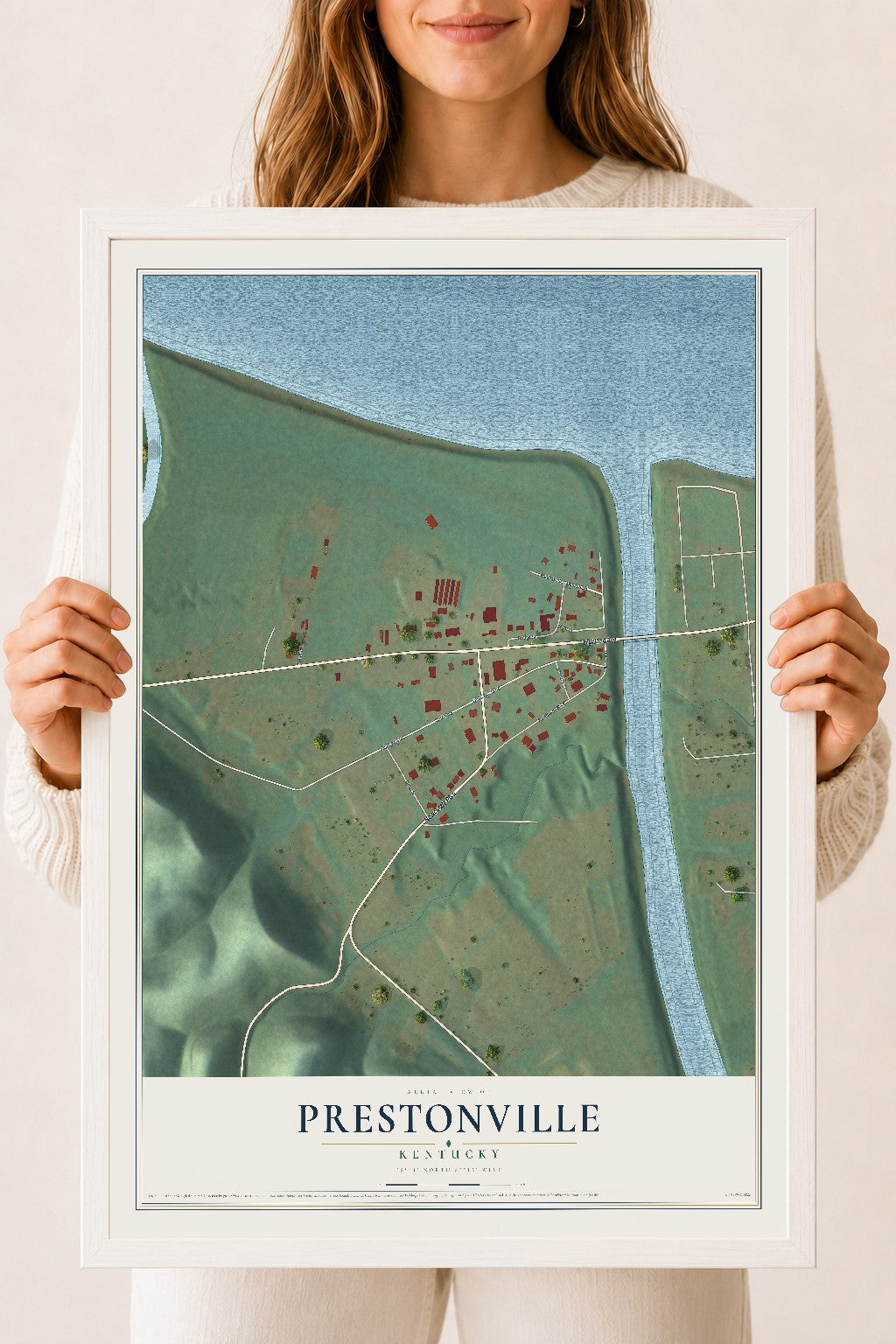 Map of Prestonville, Kentucky, 18 x 24 inch print in a white wood frame