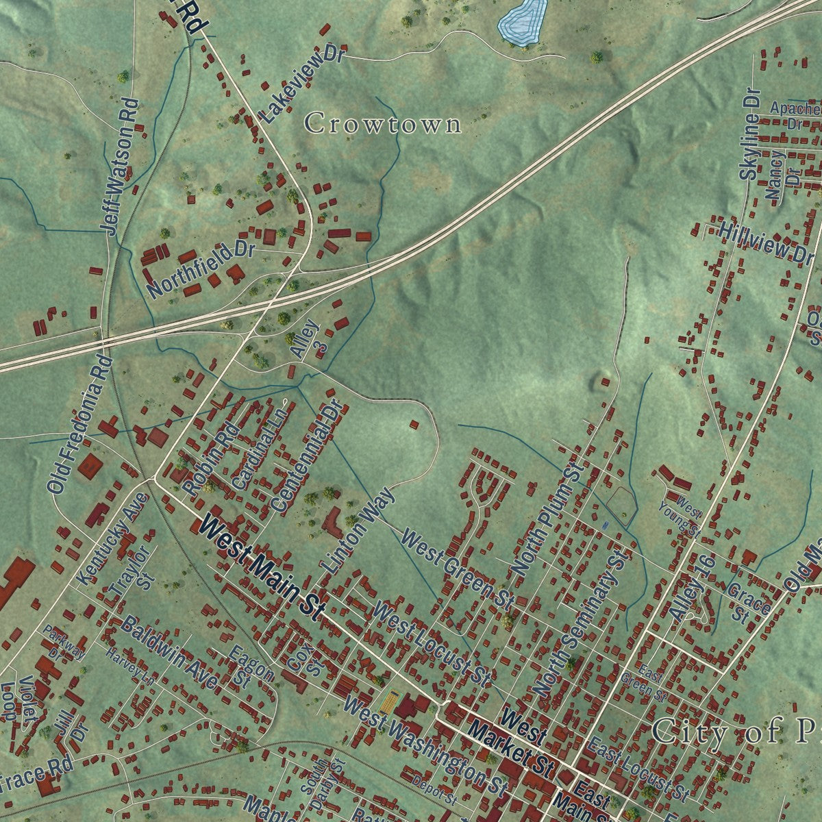 Close-up of the map of Princeton, Kentucky print showing street and building detail