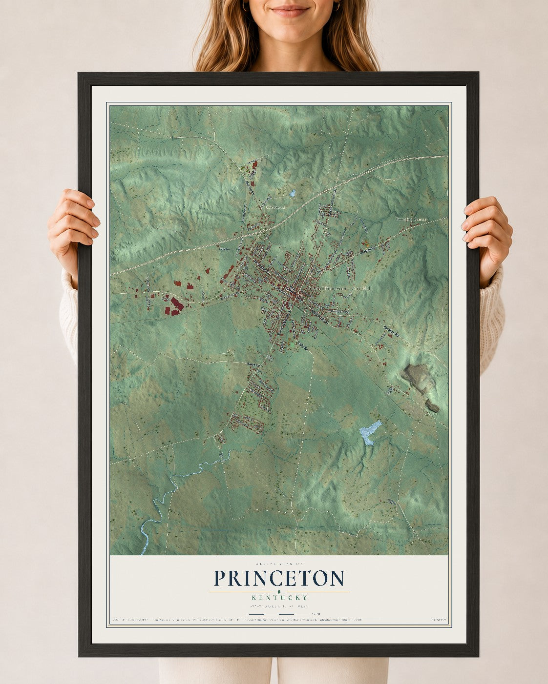 Map of Princeton, Kentucky, 24 x 36 inch print in a black wood frame