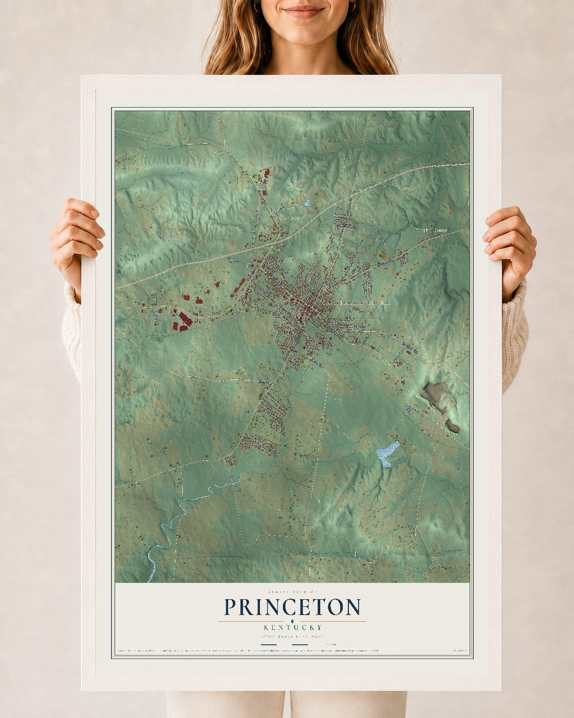 Map of Princeton, Kentucky, 24 x 36 inch print in a white wood frame