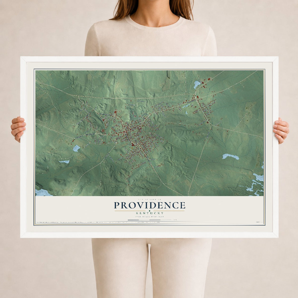 Map of Providence, Kentucky, 24 x 36 inch print in a white wood frame