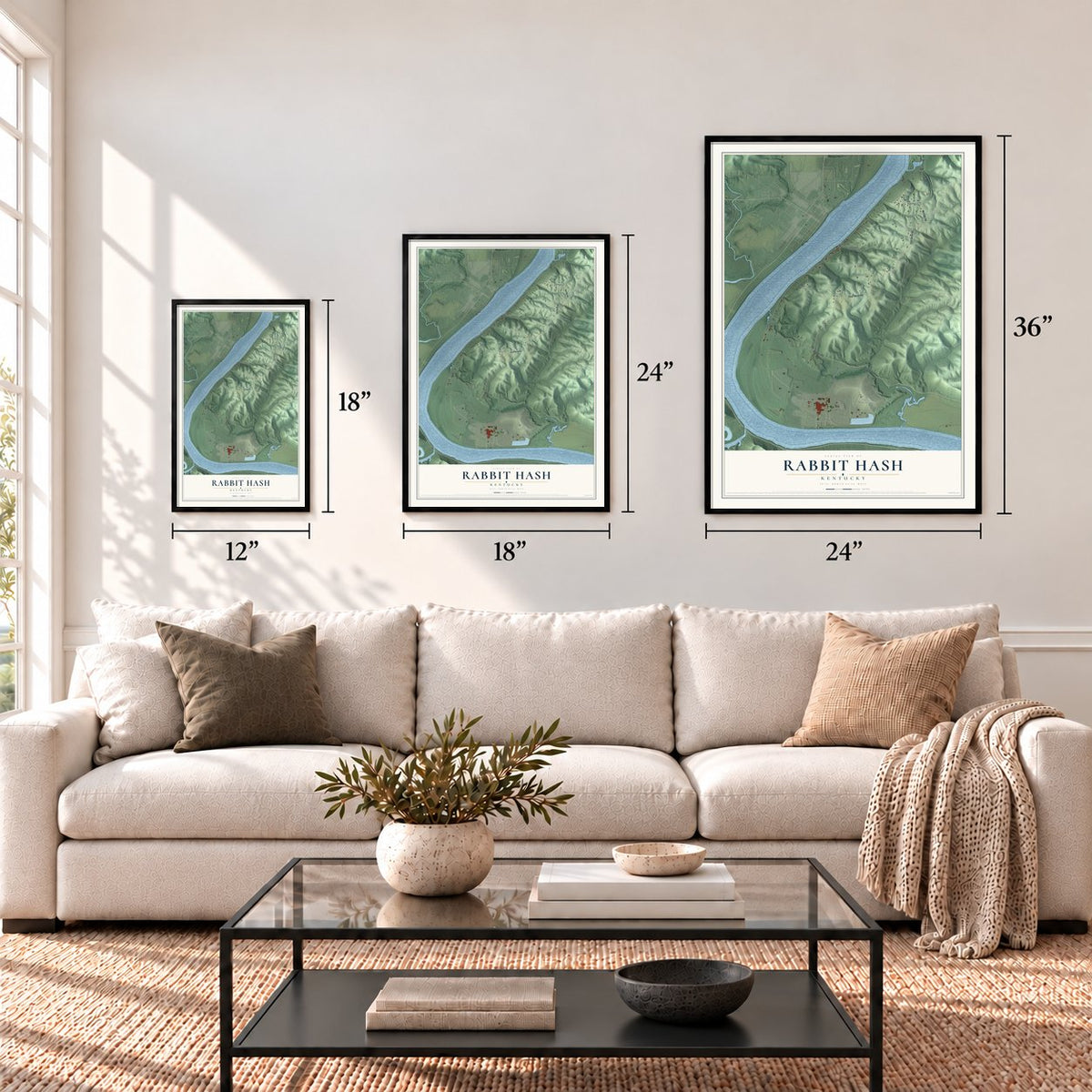 Rabbit Hash, Kentucky map in 12 x 18, 18 x 24 and 24 x 36 inch sizes above a sofa