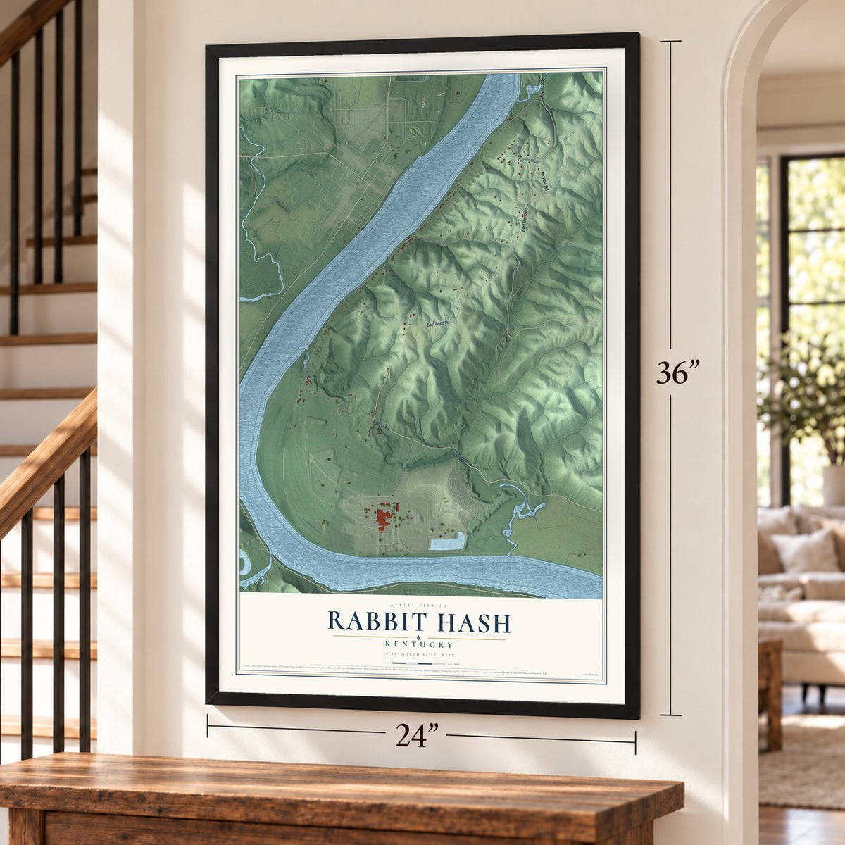 Rabbit Hash, Kentucky map, 24 x 36 inch print in a black frame by a staircase