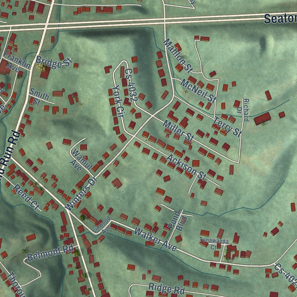 Close-up of the map of Raceland, Kentucky print showing street and building detail