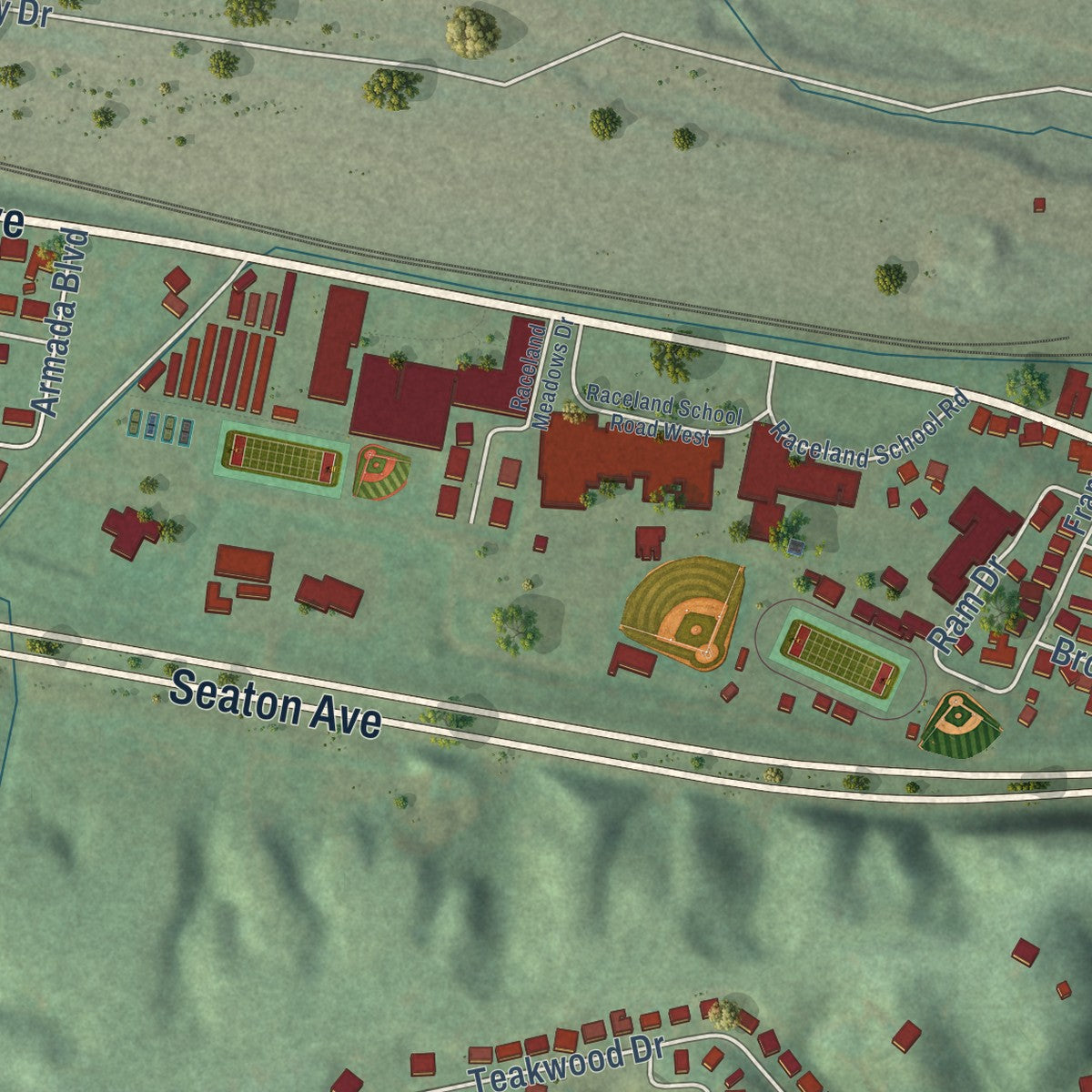 Second close-up of the map of Raceland, Kentucky print showing more streets and buildings