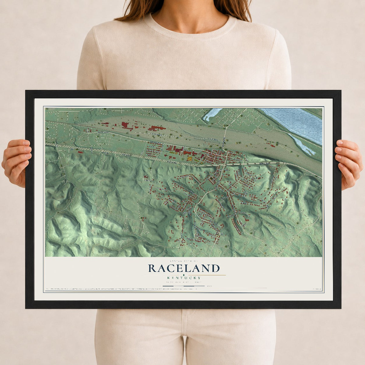 Map of Raceland, Kentucky, 12 x 18 inch print in a black wood frame